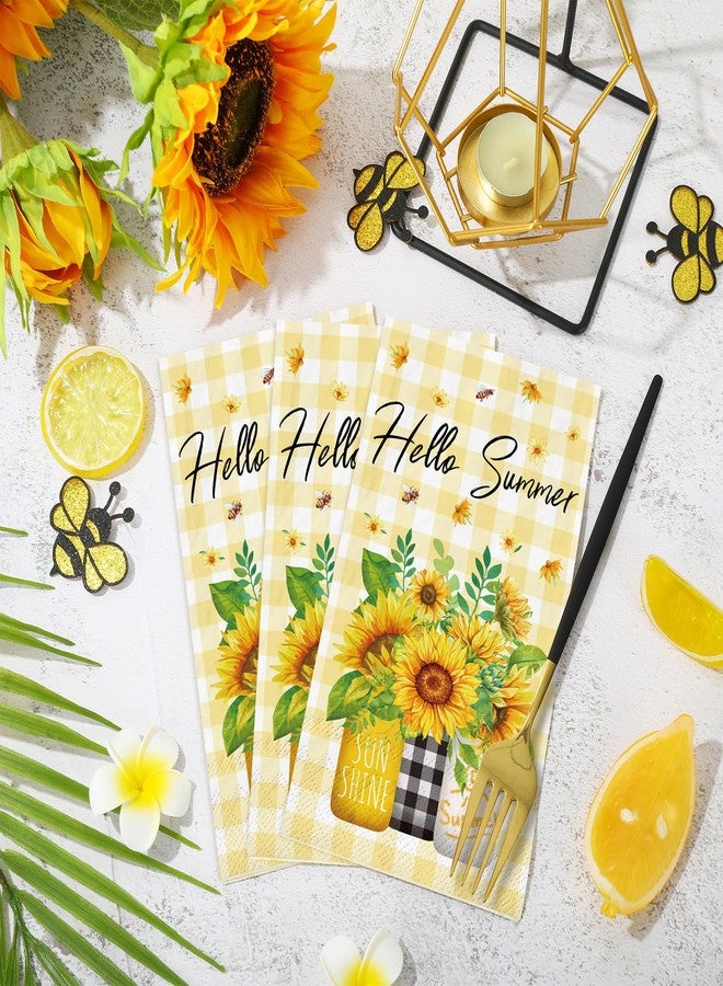 JarThenaAMCS مناديل ورقية صيفية للضيوف من JarThenaAMCS، 100 قطعة، بنقشة عباد الشمس والمربعات، 3 طبقات، للاستخدام مرة واحدة، مزينة بنباتات ونحل، مثالية لتزيين طاولات الحفلات. - Image 4